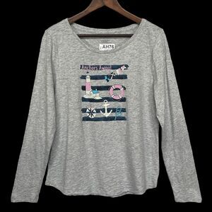 Talbots Shirt Top Women Size L Gray Pullover Long Sleeve Nautical Anchors‎ Away